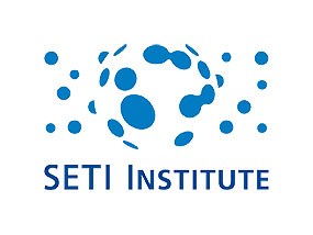 A rectangular white field with multiple blue dots of various sizes, with the dots in the center distorted as if viewed under a magnifying lens. Underneath the logo are the words SETI Institute.