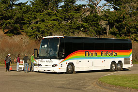 Winter Shuttle Bus/Marin Airporter awaiting passengers at Drakes Beach.