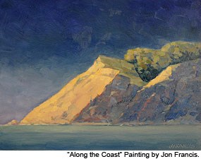 A watercolor painting of a coastal bluff sloping at about a 45-degree angle to the right with water in the foreground.