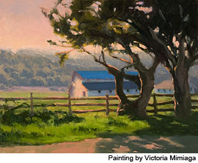 An oil painting of a gray-roofed, white-sided barn beyond a three-rail fence and cypress trees.