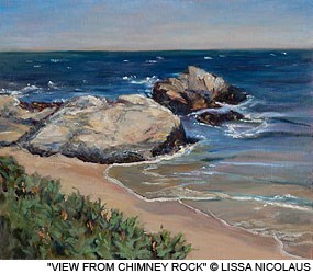 A painting of whitish coastal rocks on the edge of sandy beach with green vegetation in the lower left corner.