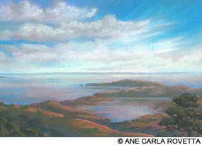 A painting of a narrow, hook-shaped peninsula stretching away from a ridgecrest into the ocean.