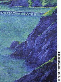 A blue-hued painting of coastal bluffs with a bay on the left and a dock stretching horizontally across the scene in the distance.