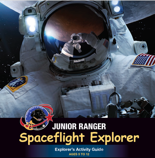 Person in a space suit with moon in background on the Spaceflight Junior Ranger booklet cover