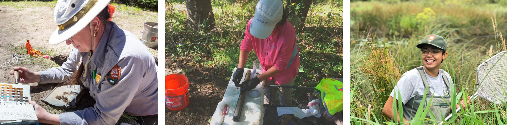 3 photos of women in the field