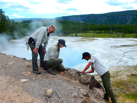 Conducting research in Yellowstone National Park Three people conduct research in Yellowstone National Park