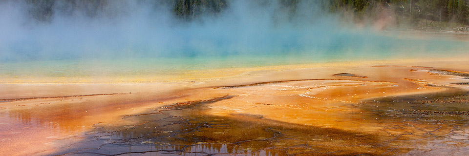 Steam rises from a natural pool that is bright blue with light turquoise green along shore. Shore in foreground is silt-like with mottled bright orange, dark orange, and brown swirls partially covered with shallow water reflecting evergreen forest.