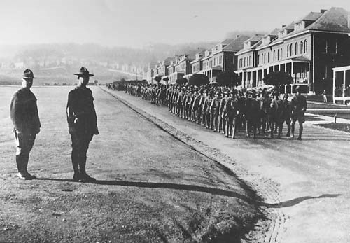 Troops in front of Montgomery Street Barracks