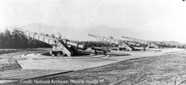 Three 15-inch pneumatic guns at Battery Dynamite Three 15-inch pneumatic guns at Battery Dynamite
