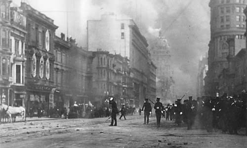 Soldiers in streets of San Francisco after 1906 earthquake
