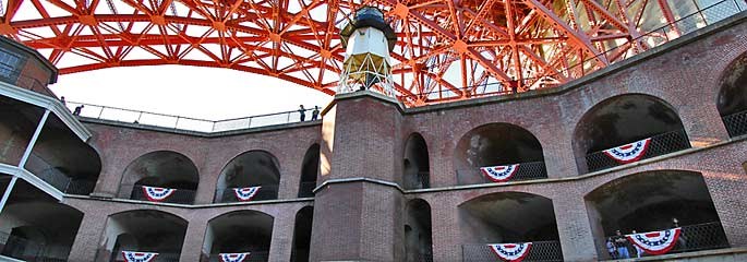 Fort Point interior photo with Golden Gate Bridge above Fort Point interior photo with Golden Gate Bridge above
