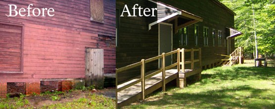 Before and after comparison of the renovations made on the historic theater at Cabin Camp 4 Before and after comparison of the renovations made on the historic theater at Cabin Camp 4
