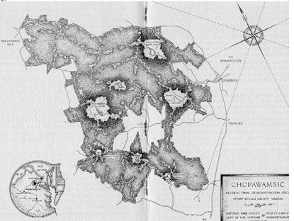 Historic black and white map of Chopawamsic Recreation Demonstration Area (RDA) now Prince William Forest Park Historic black and white map of Chopawamsic Recreation Demonstration Area (RDA) now Prince William Forest Park