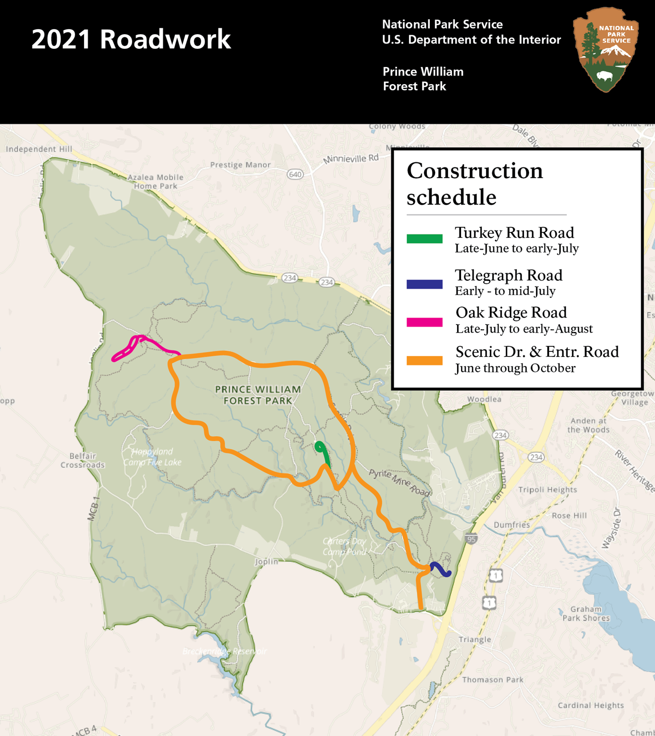 Map of construction areas in 2021. Construction will happen at Turkey Run Road in late June, at Telegraph Road in July. At Oak Ridge Road in July and August, and on the Park Entrance Road and Scenic Drive from June to October.