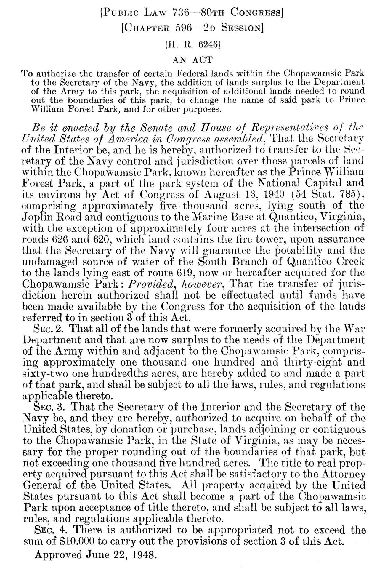 1948 Renaming Legislation for Prince William Forest Park