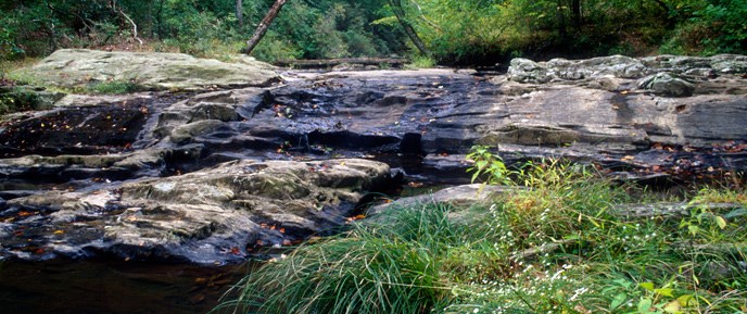 Cascades of water over rocks along the fall line
