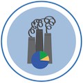 Illustration of smoke stacks and circle graph