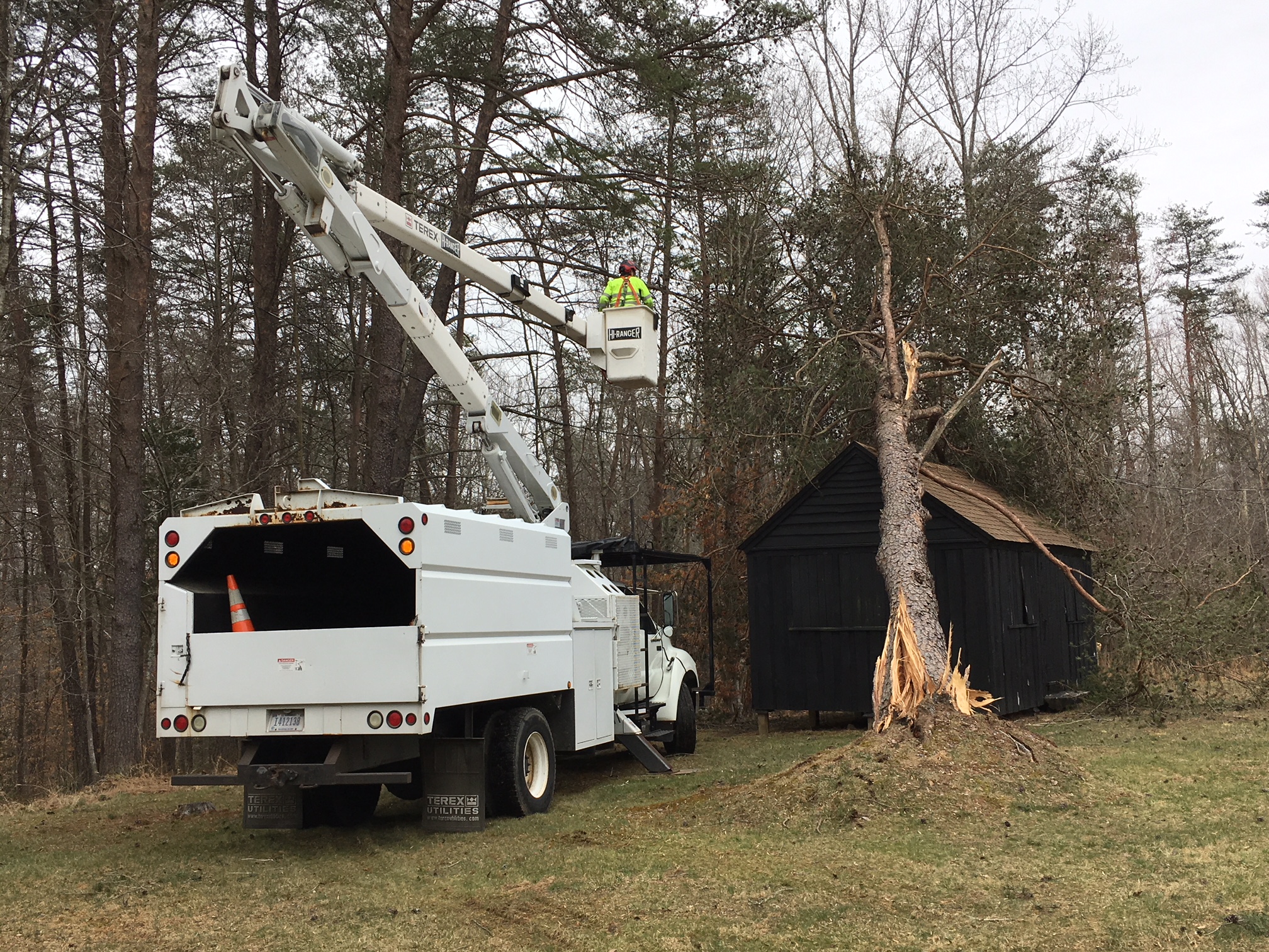 Crew from Rock Creek Park helps remove fallen tree from historic cabin.