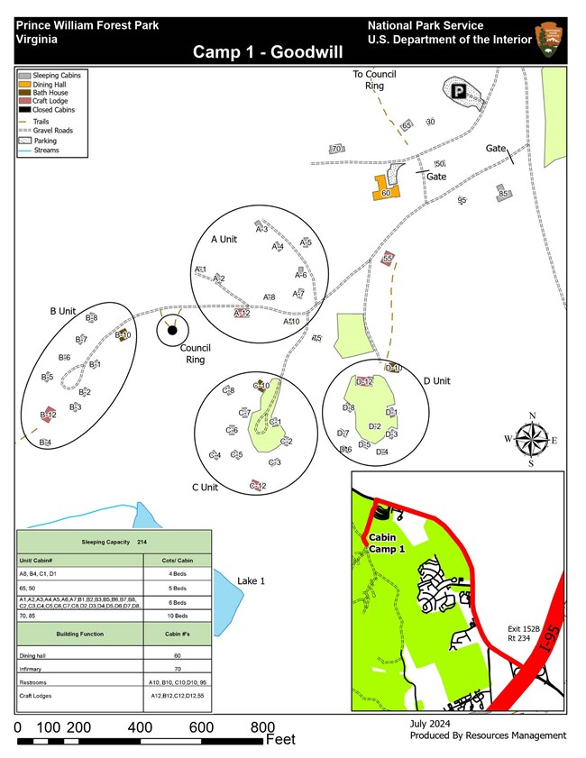 Map of building occupancy in 4 cabin loops, parking, and directions to Cabin Camp 1