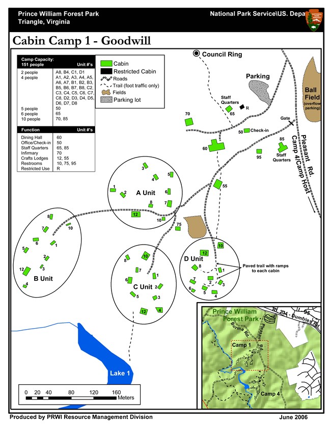 Map showing building locations for Cabin Camp 1