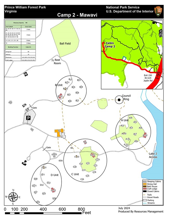 Map of the directions, road, lake and buildings of Cabin Camp 2