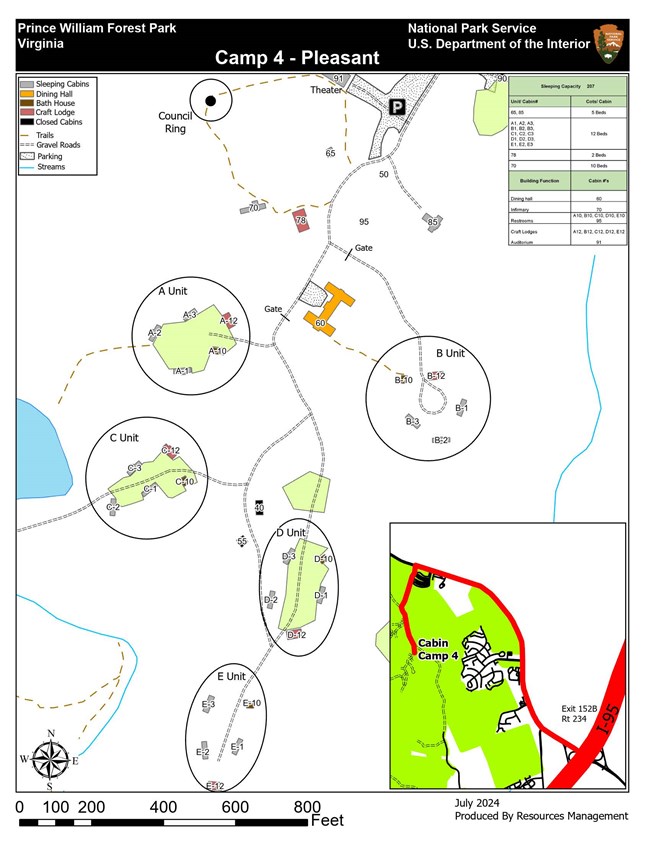 Map of Cabin Camp 4 showing lake access, 5 sleeping cabin loops, directions to get to the camp, and roads and trails in the camp