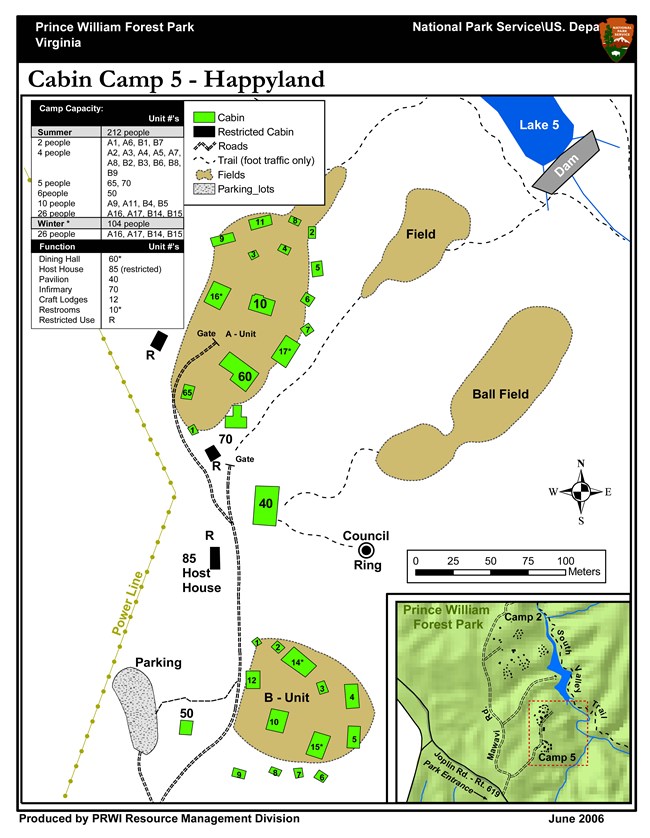 Map showing building locations for Cabin Camp 5