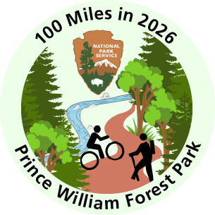 Round logo with trees, a creek and a trail for hiking/biking 100 miles in Prince William Forest Park