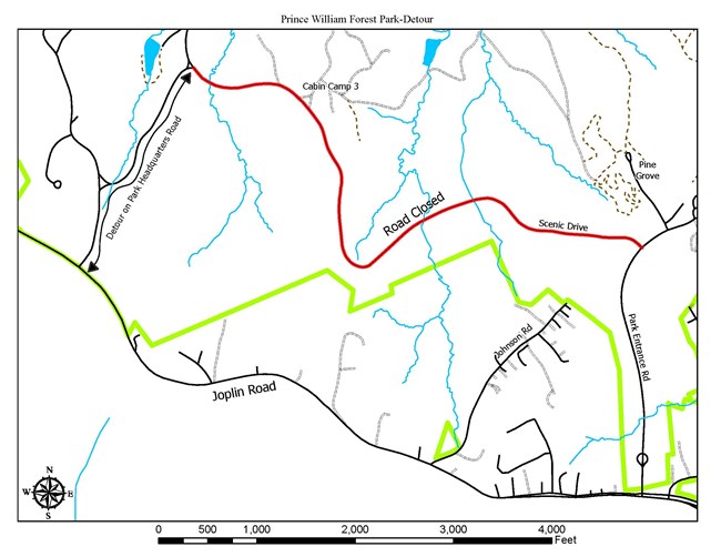 Map showing closed section of Scenic Drive from its start to Mile Marker 1 and a detour on Park Headquarters Road to explore the rest of Scenic Drive