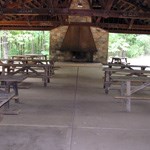 Picnic tables in a picnic shelter