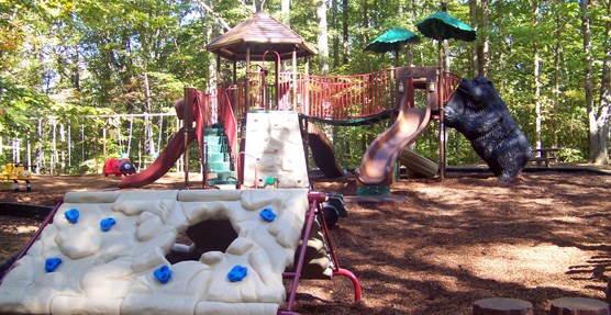 A large playground, with many features for kids, in the Pine Grove Picnic Area