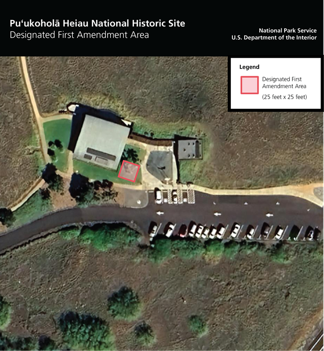 Satellite map of Puukohola Heiau National Historic Site, with a box depicting the 25x25 foot area designated as the First Amendment Area, adjacent and mauka to the Visitor Center.