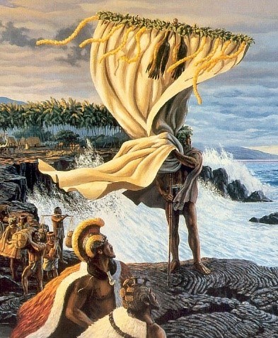 An artists depiction of a man in traditional clothing standing on the edge of a shoreline cliff holding the akua loa with a procession of people following him.
