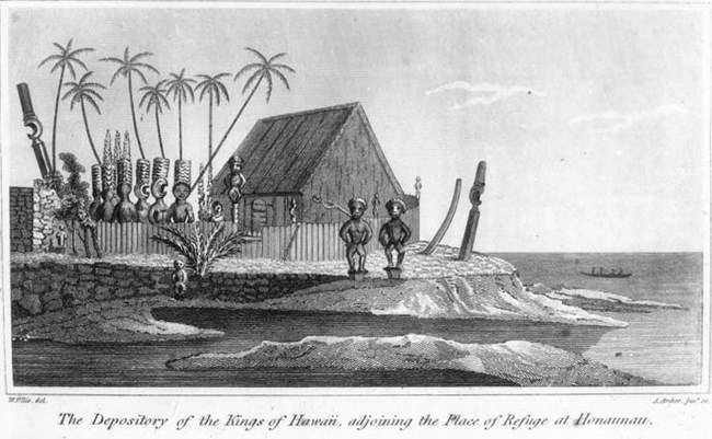 William Ellis depiction of Hale o Keawe in 1823