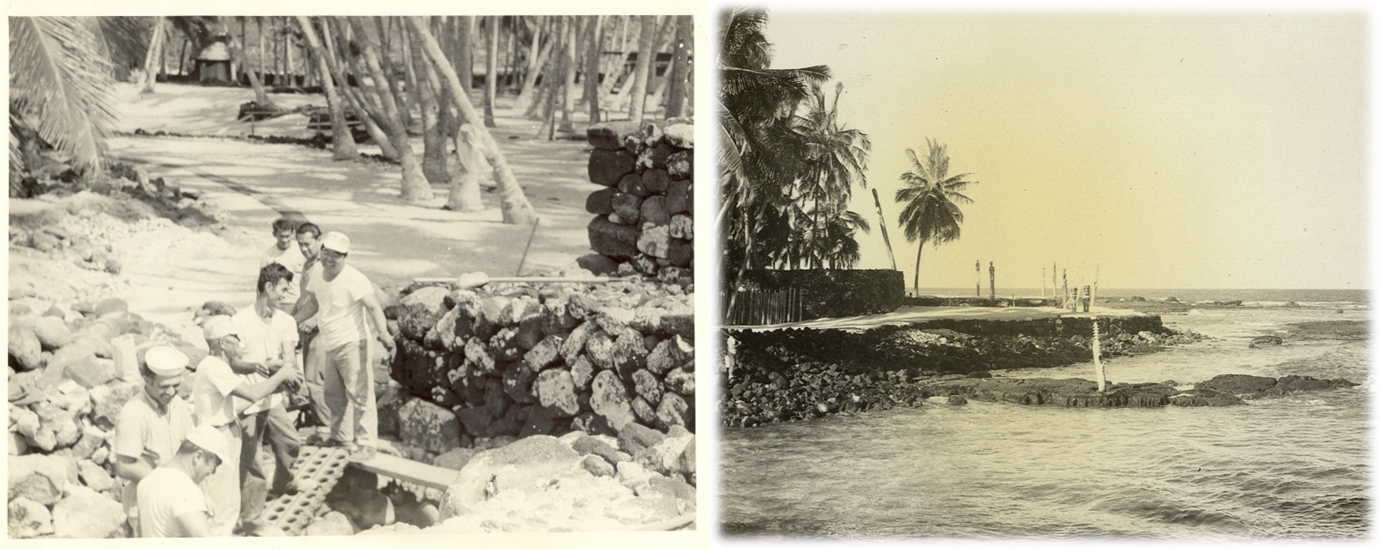Two Photos: 1) Workers perform an archaeological excavation of the Hale o Keawe platform 2) Historic photo of the restored Hale o Keawe platform