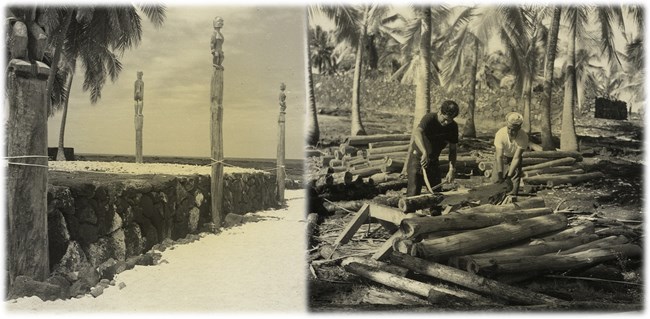 Two pictures: 1) Hale o Keawe platform with newly carved kiʻi images before the hale reconstruction 2) Two workers carve kiʻi from logs in the Royal Grounds