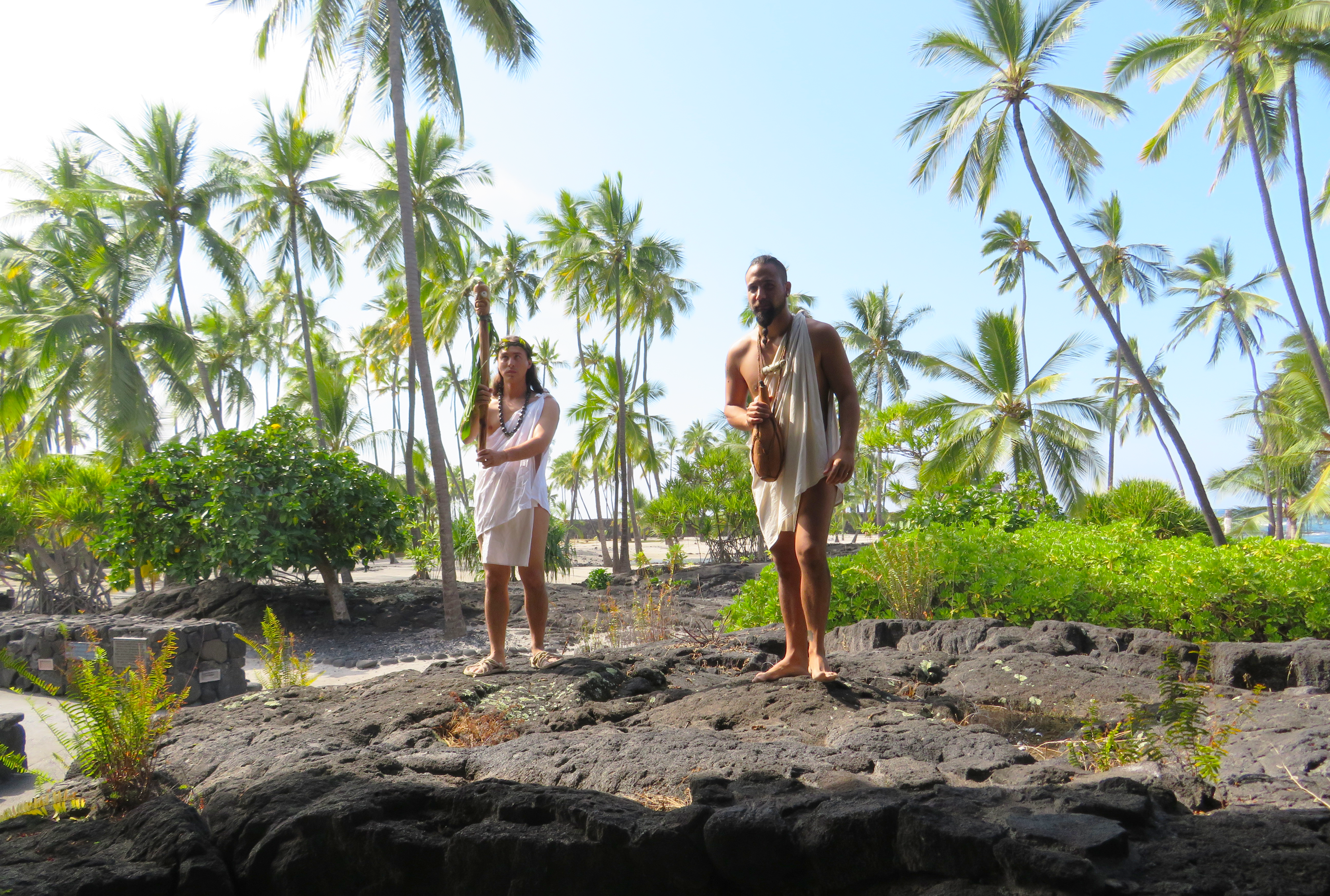 Two men dressed in white traditional clothing walk across lava rock. One holds a carved image of the akua (god) lono. The other carries a gourd water container. Coconut trees line the background.