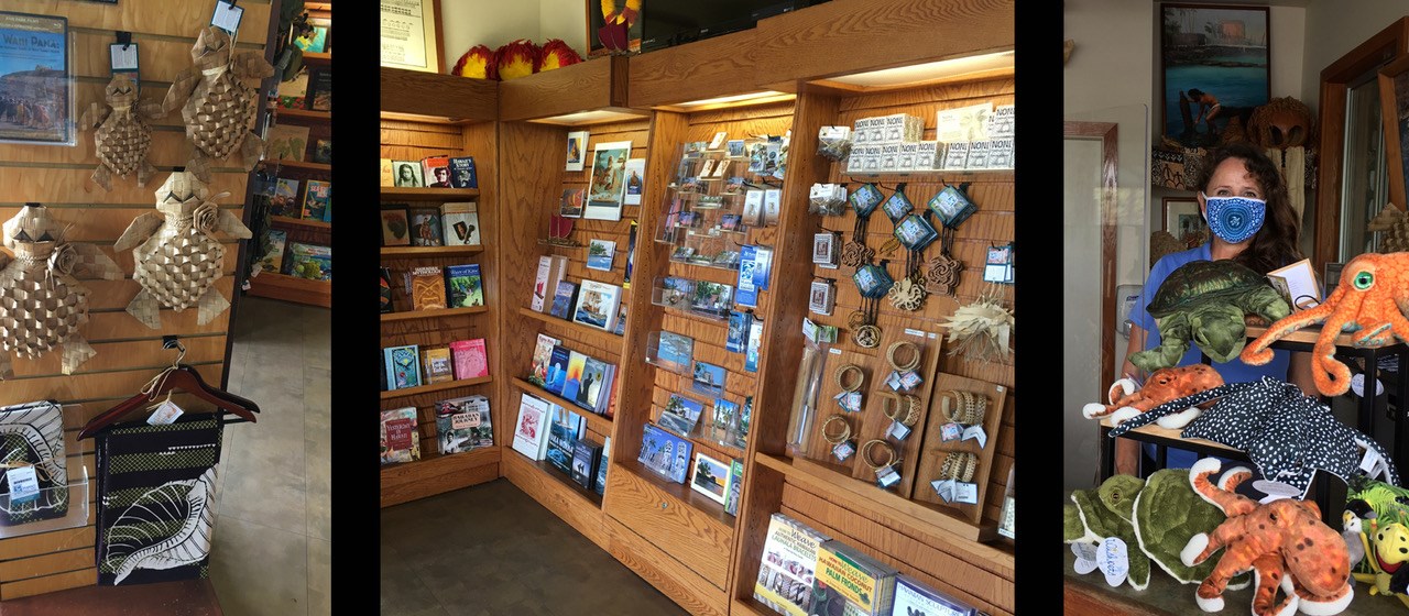 Three photos that show the park store at Puʻuhonua o Hōnaunau NHP. The right-most image shows an HPPA employee wearing a mask.