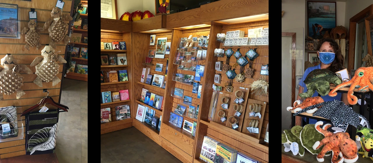 PUHO Store HPPA Three photos that show the park store at Puʻuhonua o Hōnaunau NHP. The right-most image shows an HPPA employee wearing a mask.