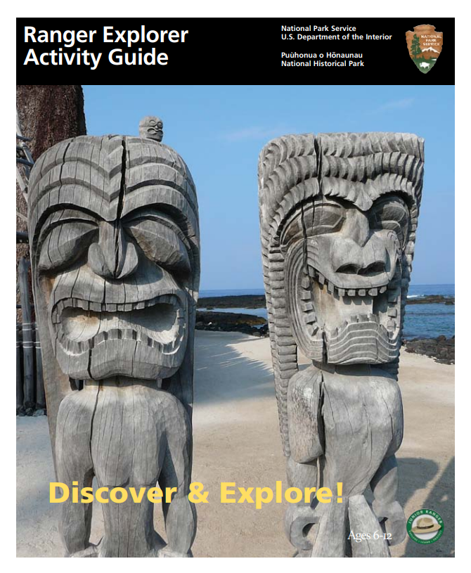 Junior Ranger Explorer Activity Book cover featuring an image of two carved guardian ki'i (tiki)