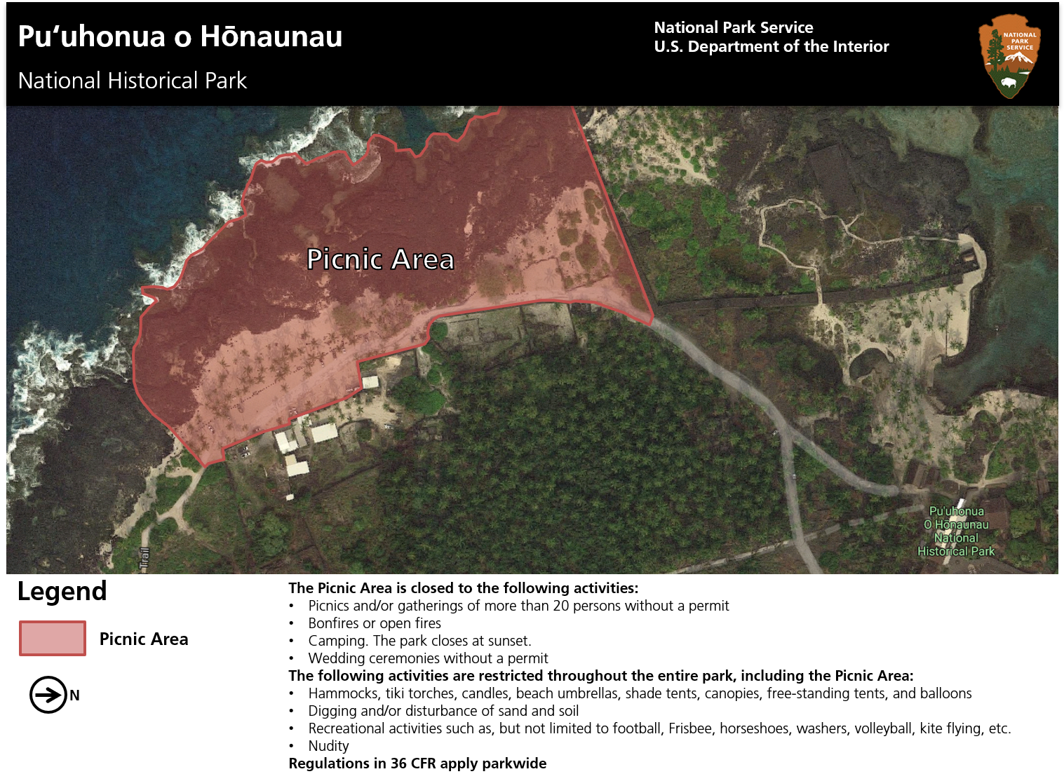 Map of the Picnic Area with restrictions listed. Full alt text is available in drop down box below.