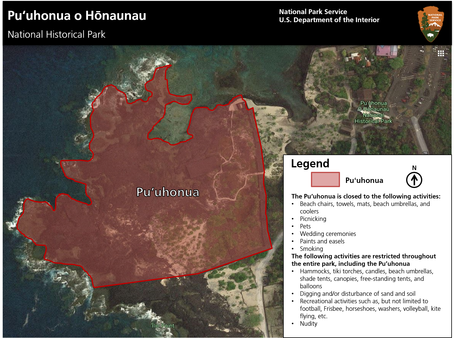 Map of the Puʻuhonua area with Restrictions listed. Full alt text is available in the drop down box below image.