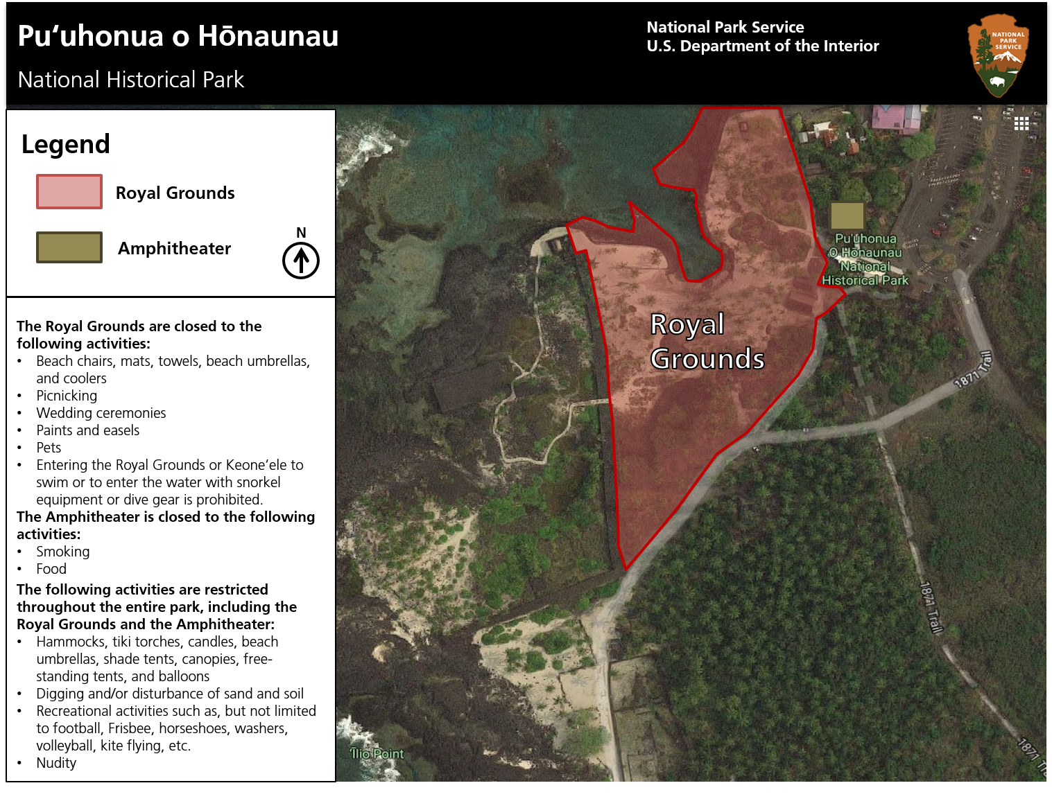 Map of the Royal Grounds with restrictions listed. See drop down box below image for full alt text