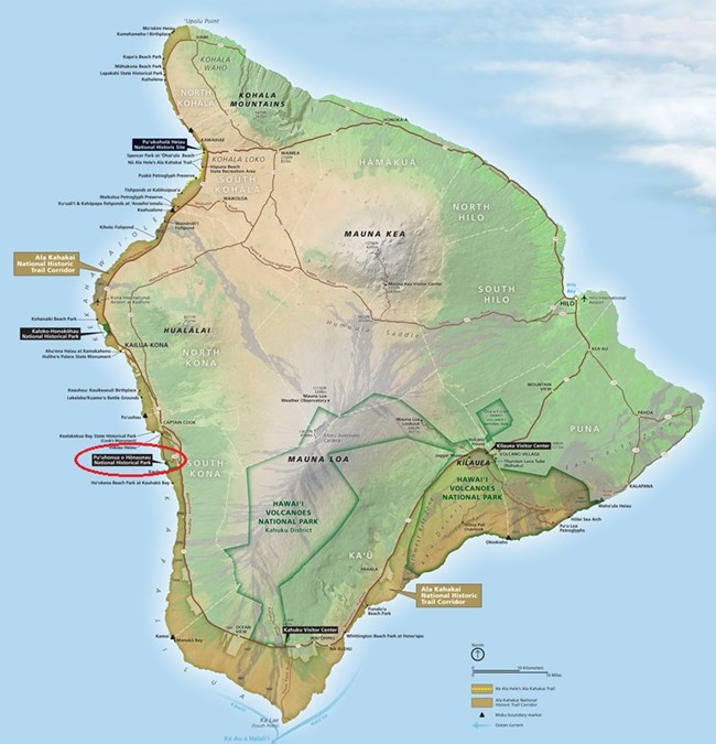 Map of Hawaii Island with Puʻuhonua o Hōnaunau circled