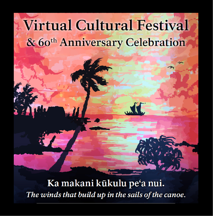 A drawing of an orange sunset over Hōnaunau Bay with silhouette of Hale o Keawe and a canoe with text: "Virtual Cultural Festival & 60th Anniversary Celebration" and "Ka makani kūkulu peʻa nui. The winds that build up in the sails of the canoe."
