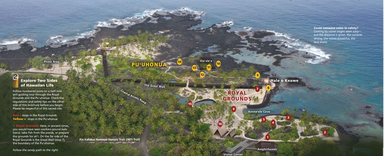 A map of the walking tour that visits the Royal Grounds and the Puʻuhonua