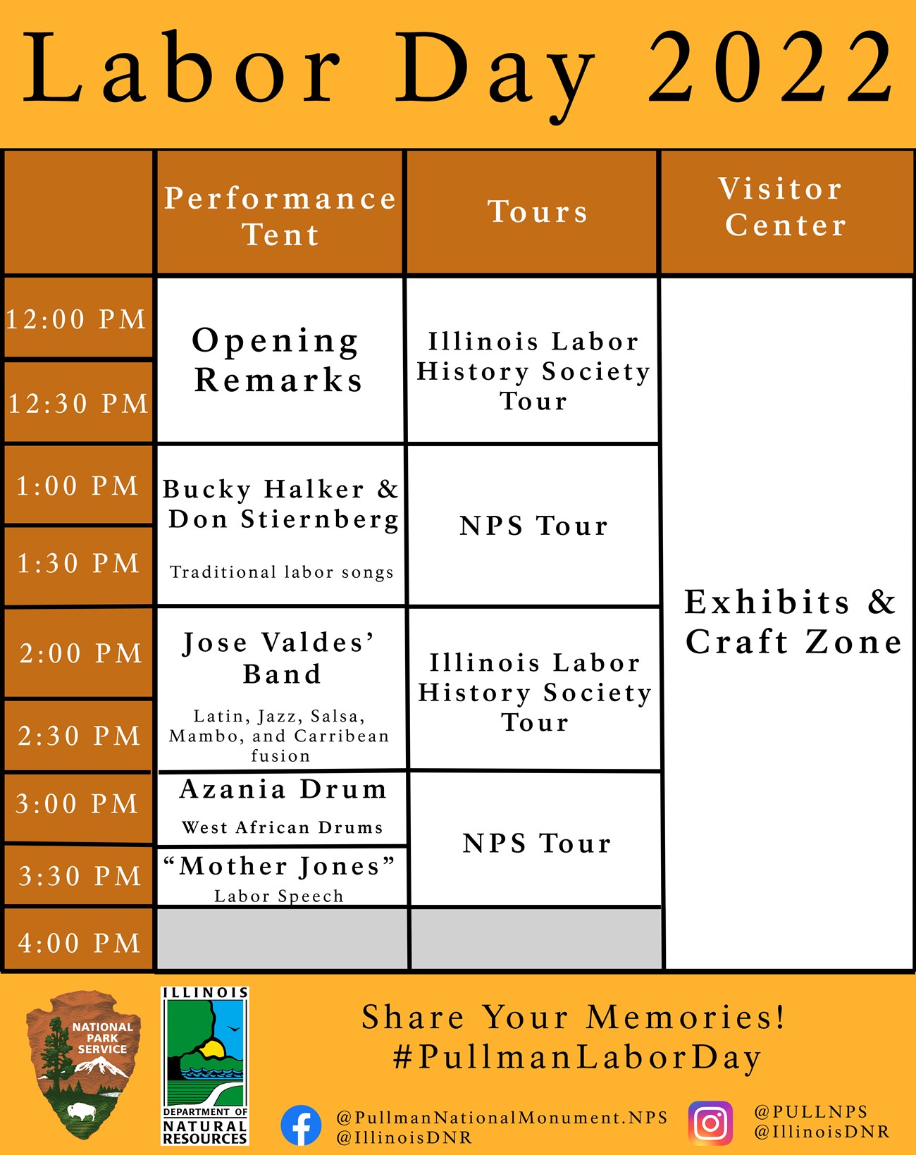 A graphic laying out the schedule of Labor Day 2022 that lists times on left and locations at the top.