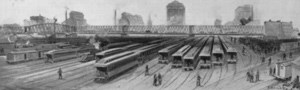 Railroad cars blockaded on tracks by strikers.