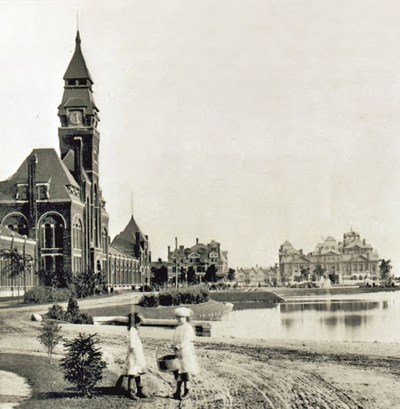 Ca. 1885, view of Lake Vista with the Administration Building to the left, the Hotel Florence in the rear center, and the Arcade Building to the right. Ca. 1885, view of Lake Vista with the Administration Building to the left, the Hotel Florence in the rear center, and the Arcade Building to the right.