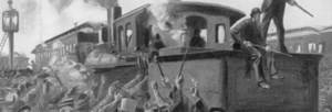 Illustration of Deputies sitting on a train car holding rifles. A crowd of protesters attempts to stop the car.